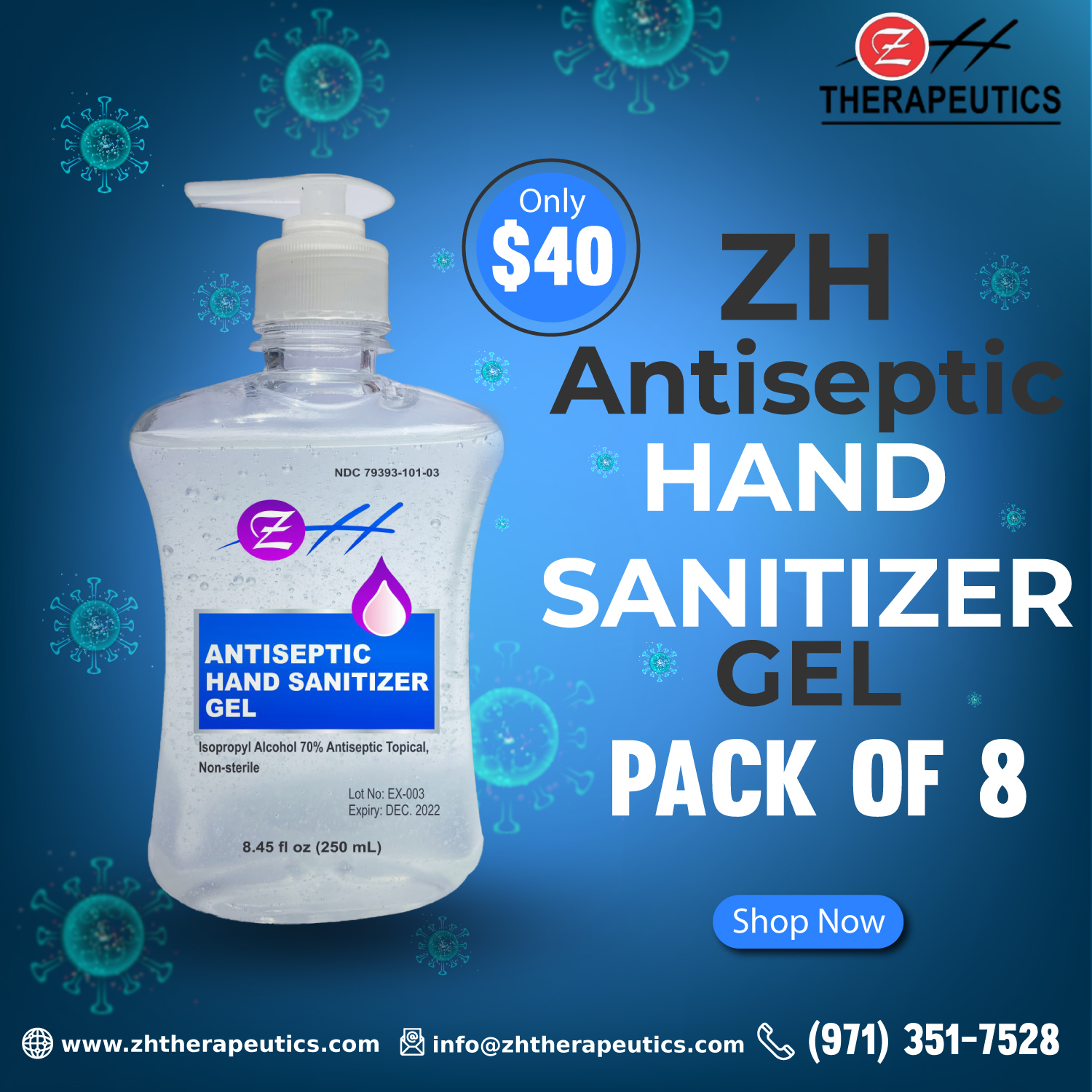 250 ml ZH Antiseptic Hand Sanitizer Gel – (Pack of 8) - ZH Therapeutics