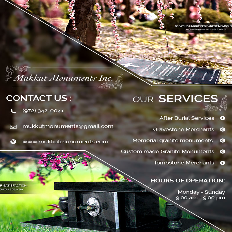 Memorial granite monuments manufactures near me Carrollton TX | Mukkut Monuments Inc